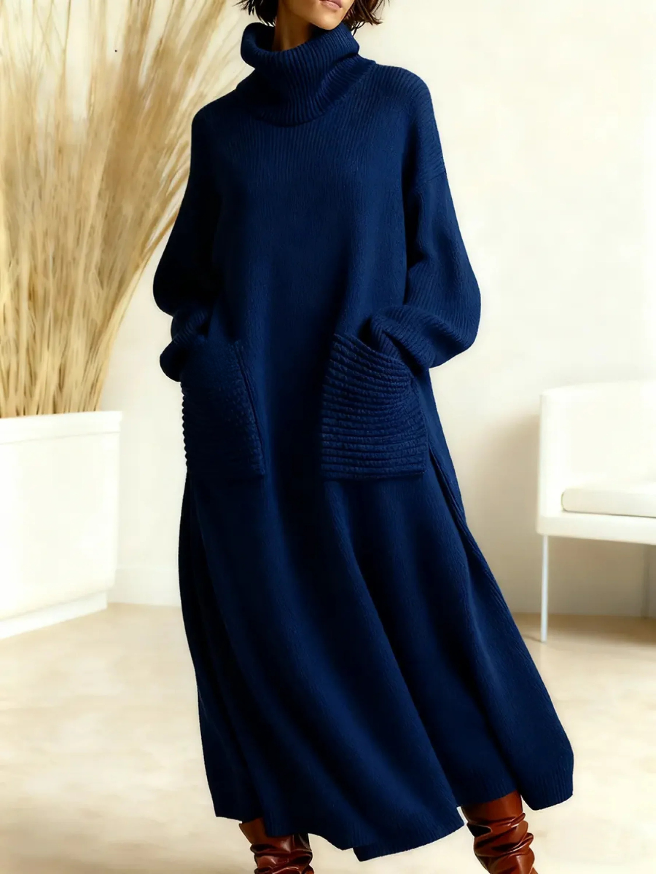 Navy Blue knit maxi dress with high neck and long sleeves, loose fit