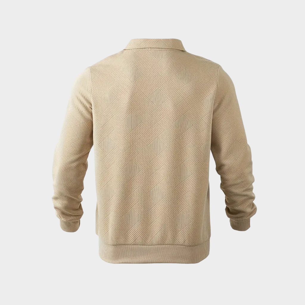 Quarter zip sweater with geometric print knit and stand collar, gallery view 3