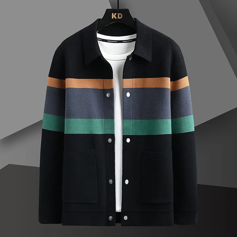 Black and green striped knit varsity jacket, button-front, front view
