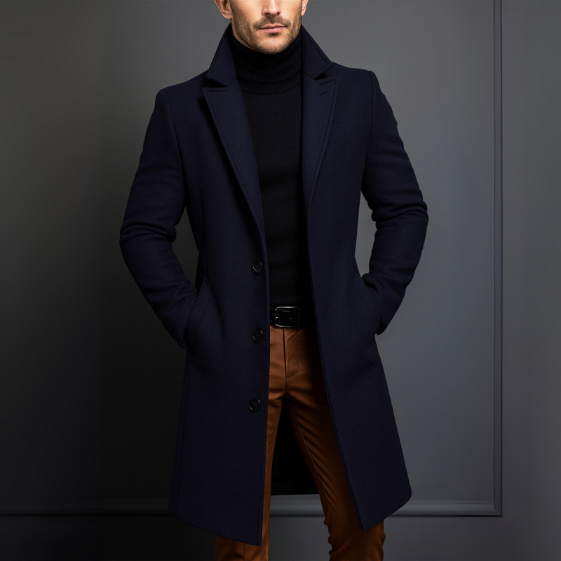 Tailored longline wool coat in blue, front view showing the longline business cut