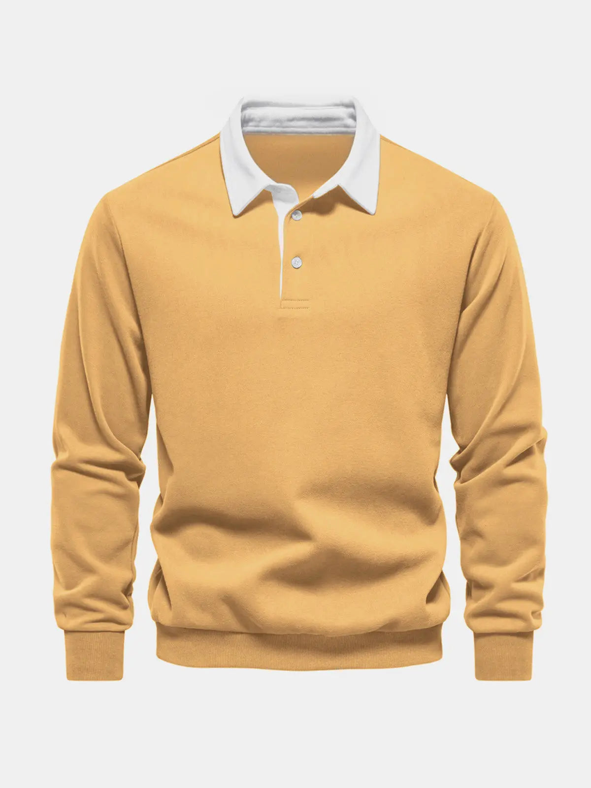 Yellow polo collar sweatshirt with button placket, long sleeve, front view