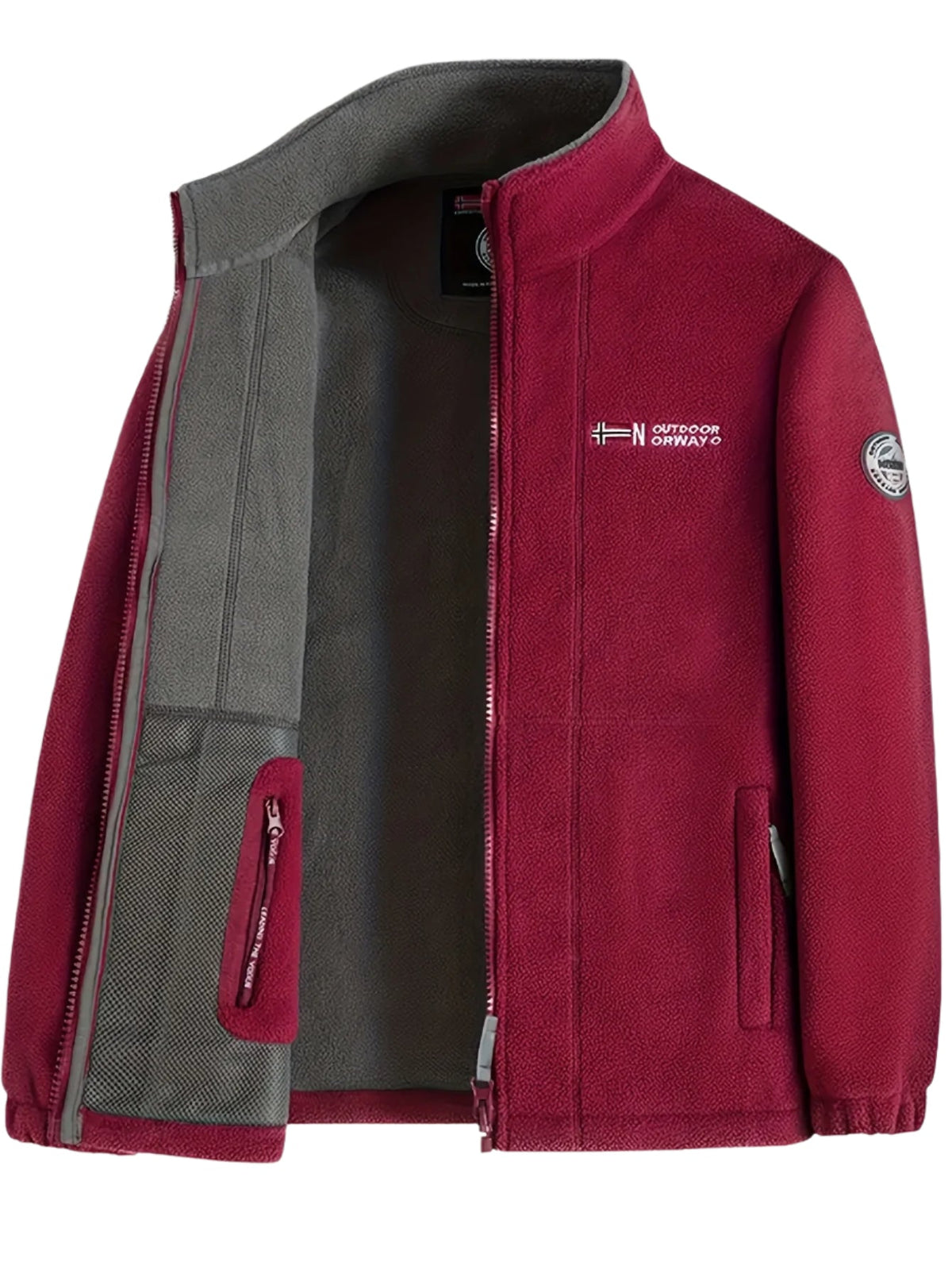 Fleece jacket high collar outdoor in navy, red, khaki, grey and black, fleece texture detail.