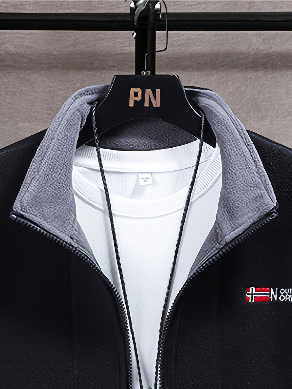 Fleece jacket high collar outdoor in navy, red, khaki, grey and black, additional detail view.