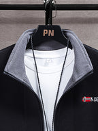 Fleece jacket high collar outdoor in navy, red, khaki, grey and black, additional detail view.