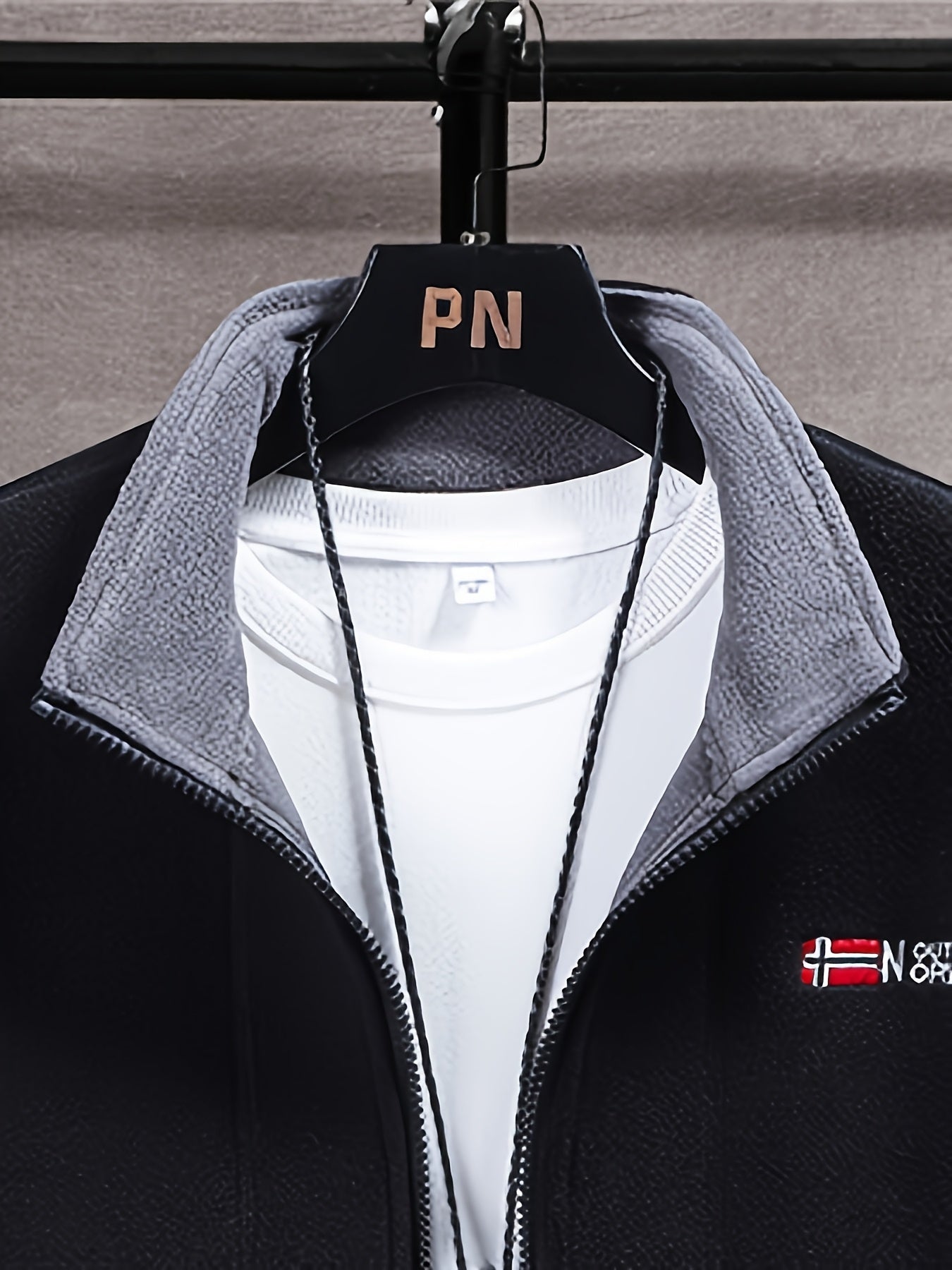 Fleece jacket high collar outdoor in navy, red, khaki, grey and black, additional detail view.