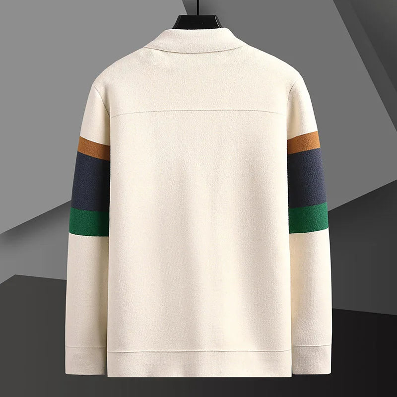 Striped knit jacket with two large front pockets, front view