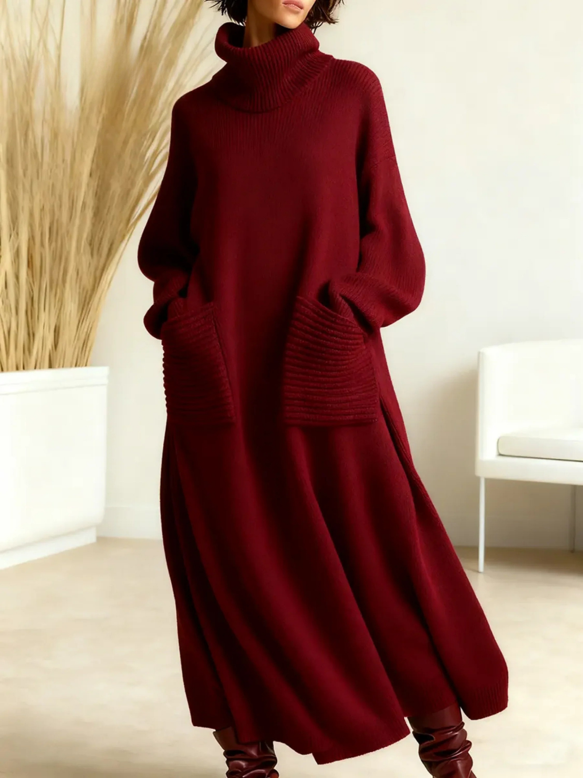 Burgundy knit maxi dress with high neck and long sleeves, loose fit