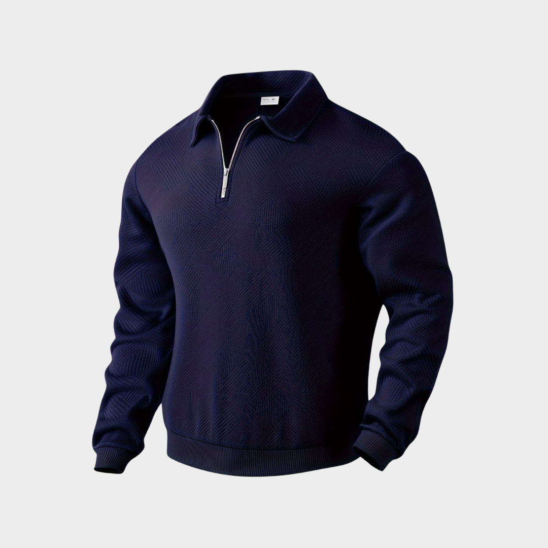 Quarter zip sweater with geometric print knit and stand collar, gallery view 4