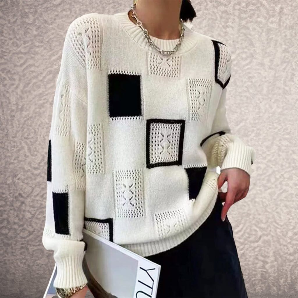 Eco-friendly knit sweater, styled view showing the timeless hip-length silhouette