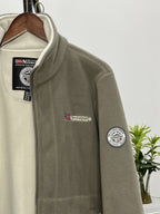 Fleece jacket high collar outdoor in navy, red, khaki, grey and black, fabric texture detail.