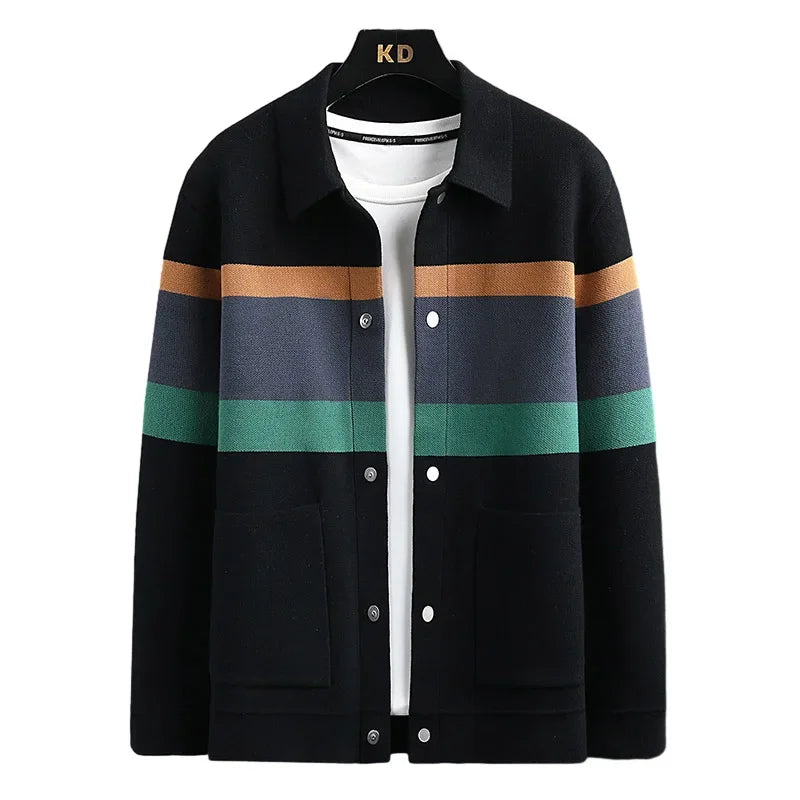 Striped knit varsity jacket collar and button placket close-up