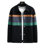 Striped knit varsity jacket collar and button placket close-up