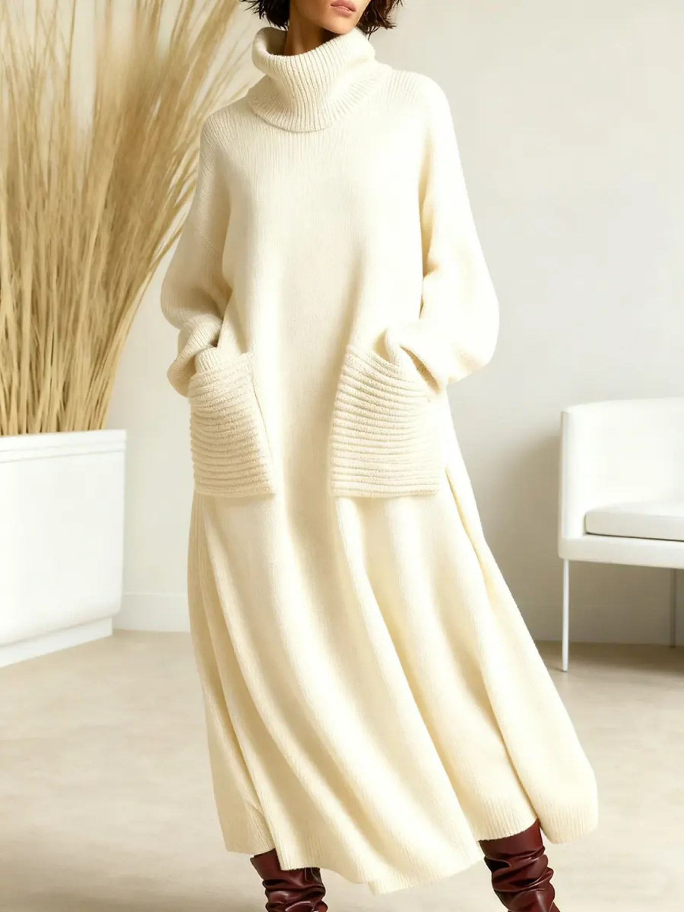 White knit maxi dress with high neck and long sleeves, loose fit