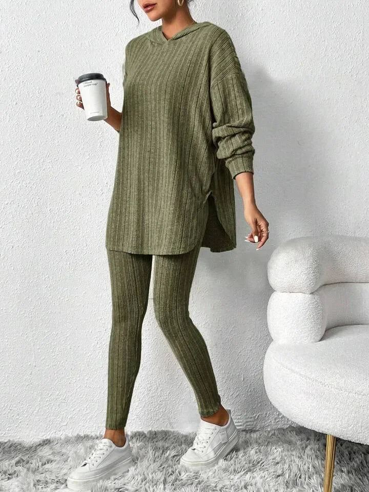 Green ribbed knit lounge set with hooded top and leggings, front view