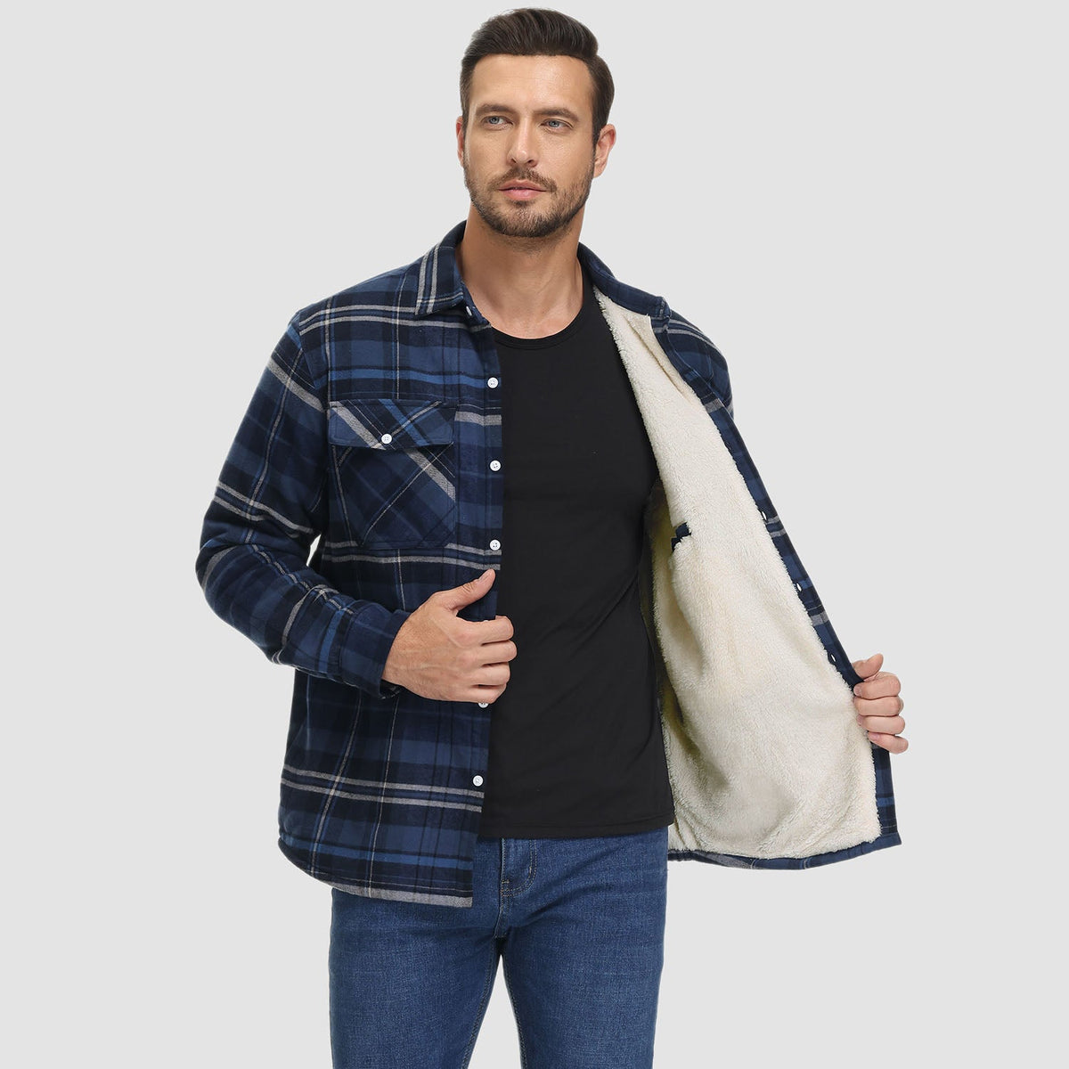 Flannel shirt jacket in black plaid, sherpa-lined, front view