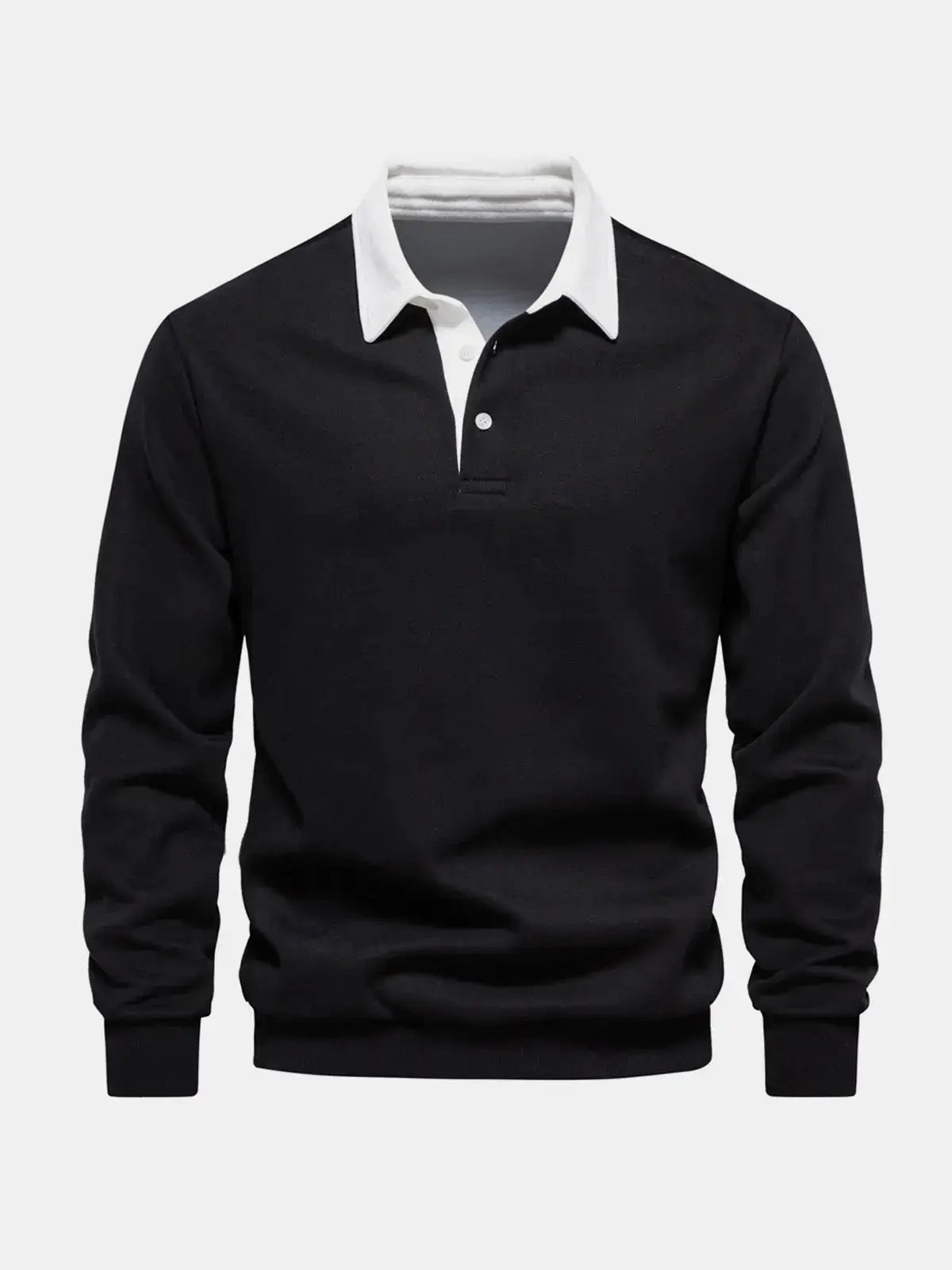 Black polo collar sweatshirt with button placket, long sleeve, front view