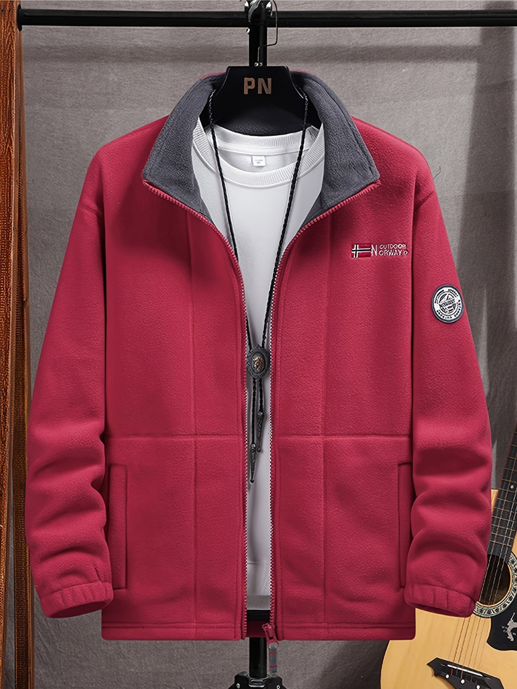 Fleece jacket high collar outdoor in navy, red, khaki, grey and black, additional product view.