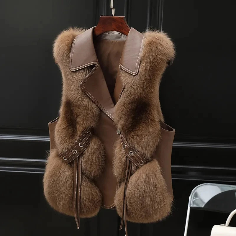 Chestnut brown faux-fur gilet with oversized lapel, front view
