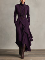 Elegant draped turtleneck dress in purple.