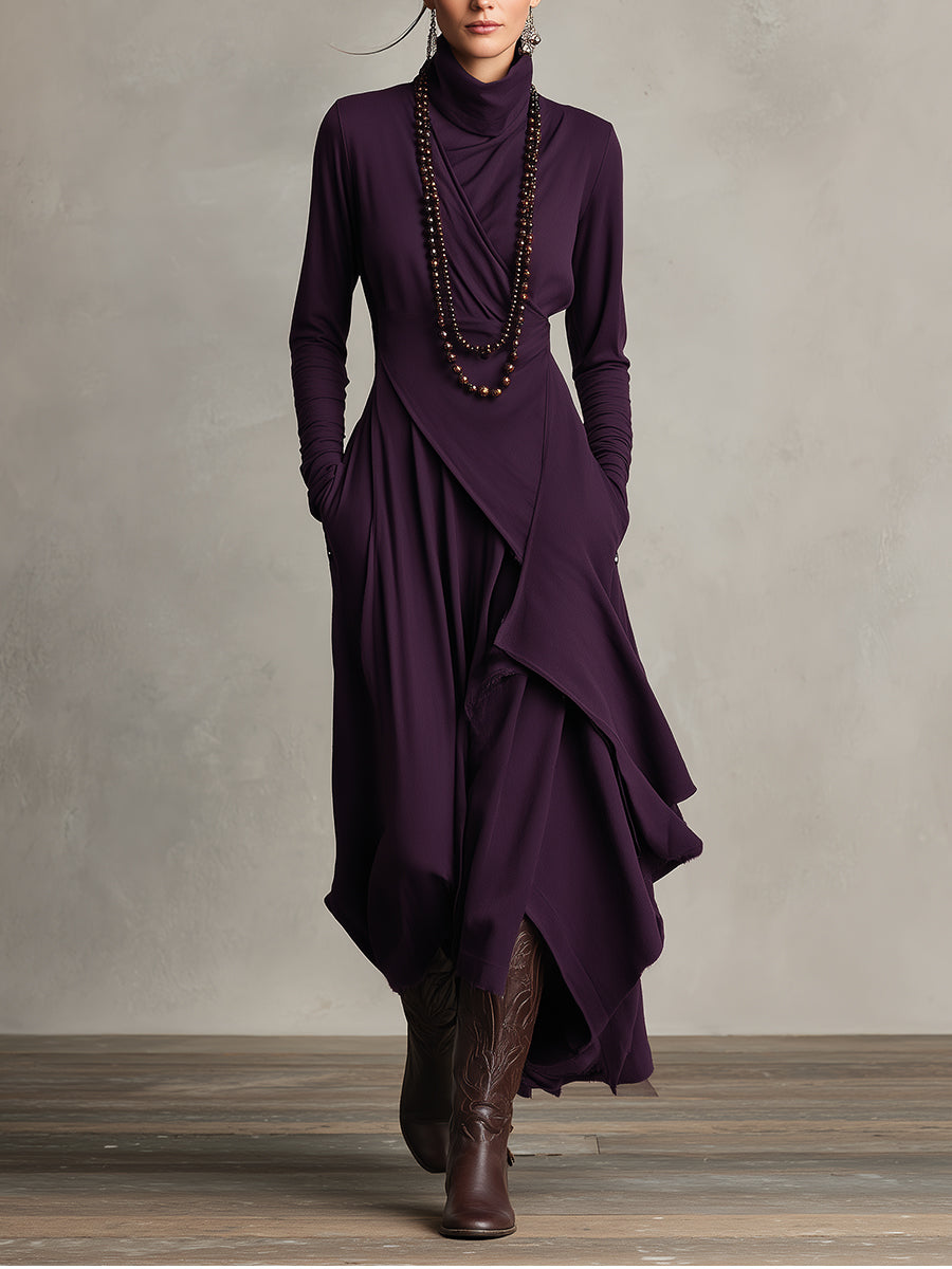 Elegant draped turtleneck dress in purple.