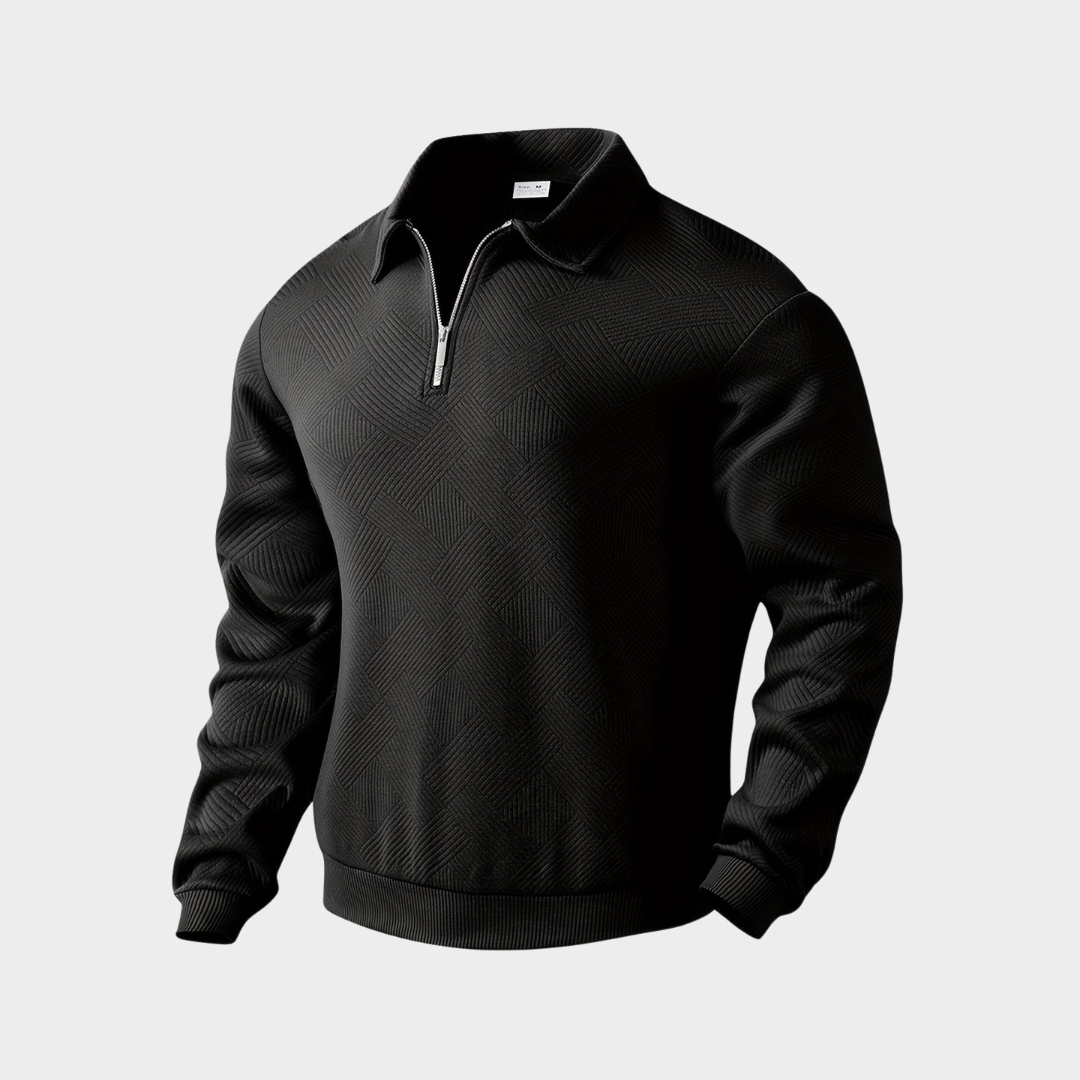 Quarter zip sweater with geometric print knit and stand collar, gallery view 1