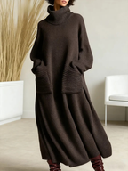 Coffee knit maxi dress with high neck and long sleeves, loose fit