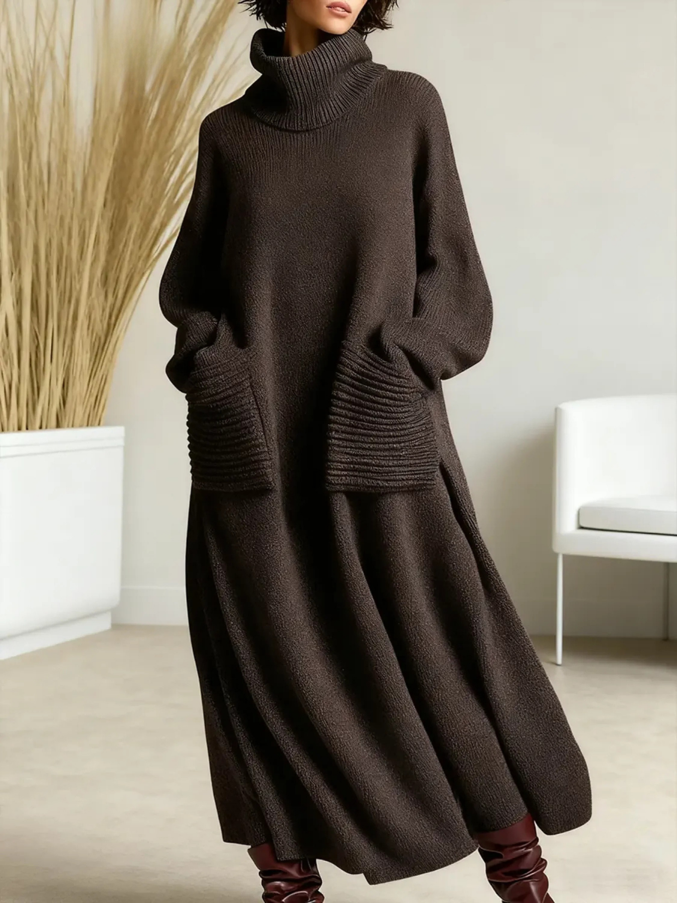 Coffee knit maxi dress with high neck and long sleeves, loose fit