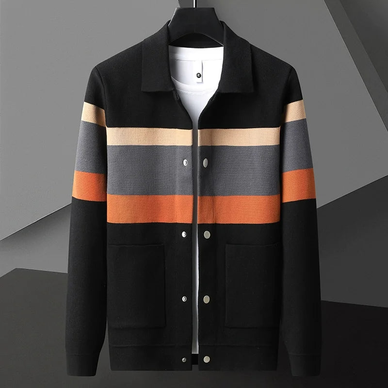 Black and orange striped knit varsity jacket, button-front, front view