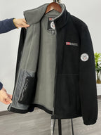 Fleece jacket high collar outdoor in navy, red, khaki, grey and black, extended gallery image.