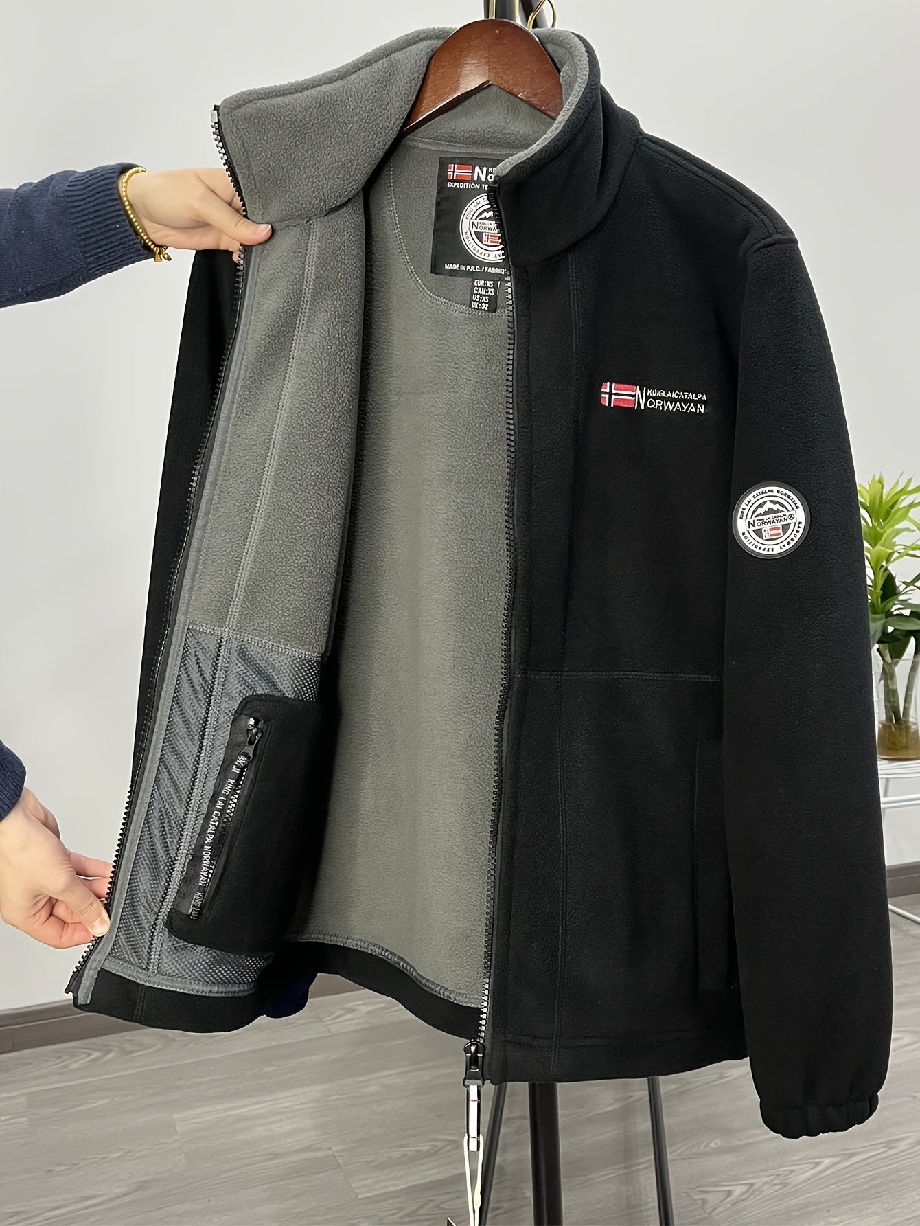 Fleece jacket high collar outdoor in navy, red, khaki, grey and black, extended gallery image.