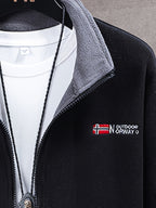 Fleece jacket high collar outdoor in navy, red, khaki, grey and black, neckline and collar view.
