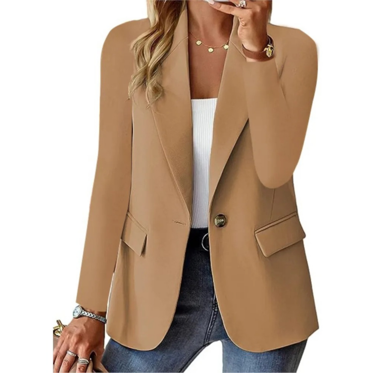 Tailored blazer with one-button closure and waisted fit in brown