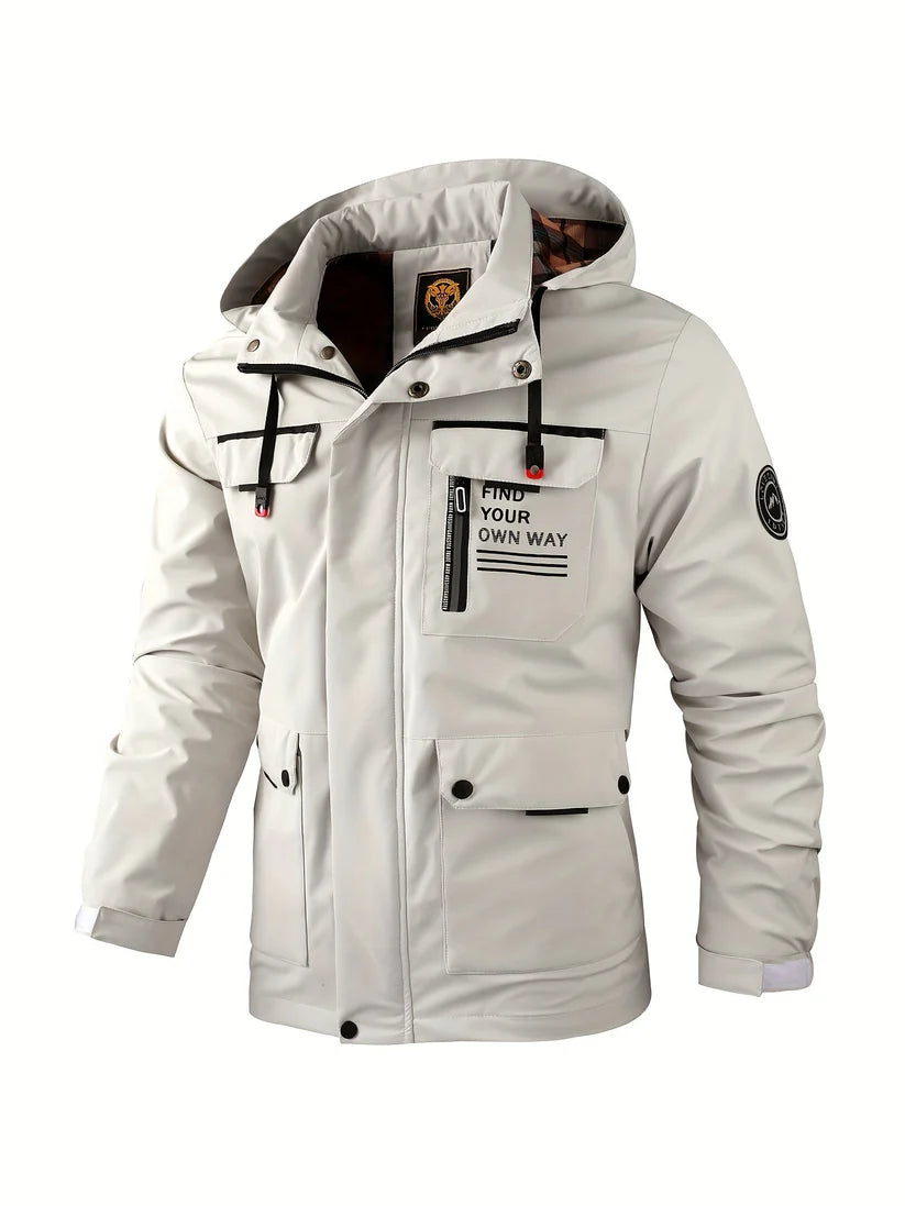 Waterproof winter jacket with adjustable hood up, angled view