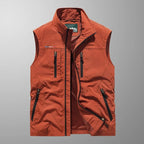 Bodywarmer vest with standing collar zipped up outdoors