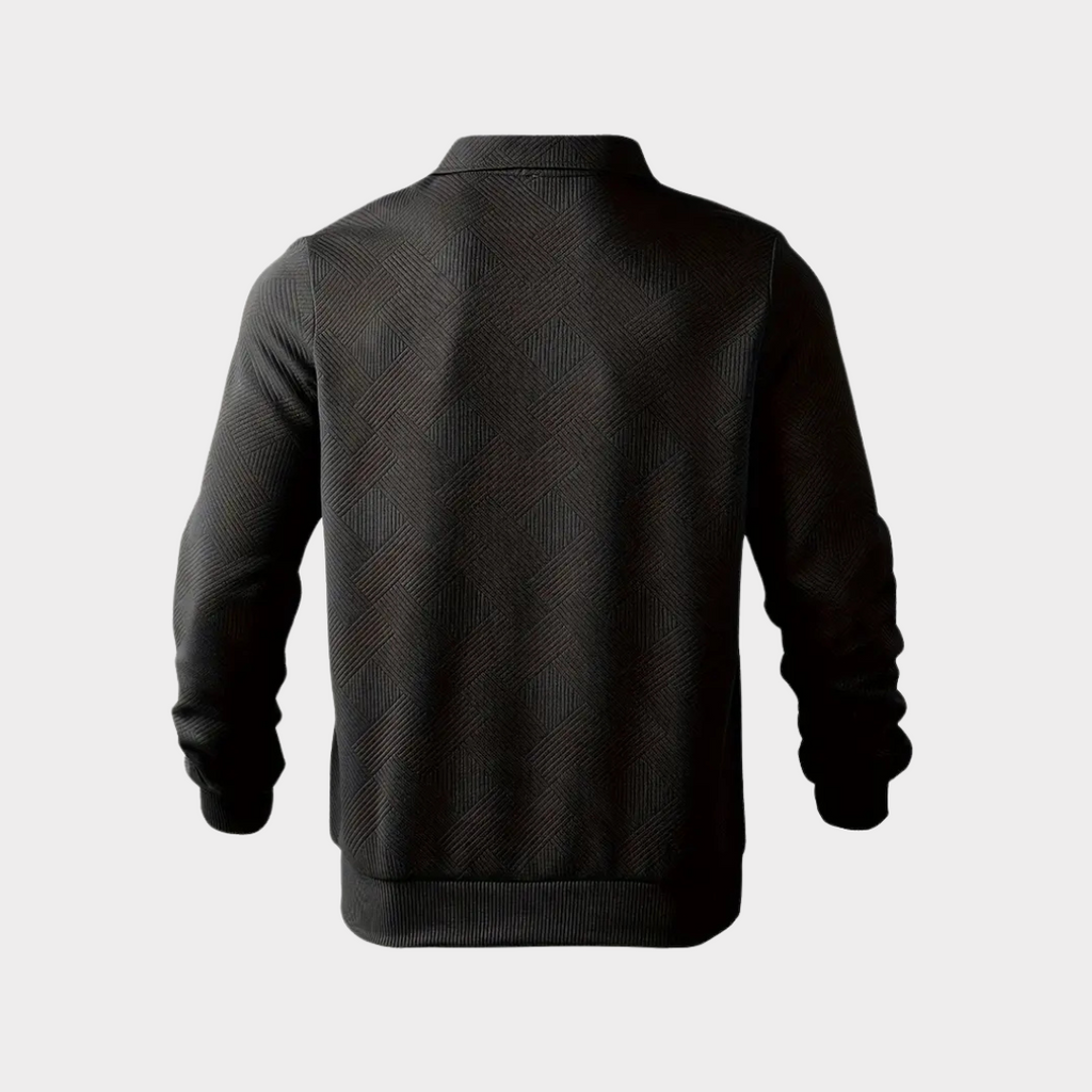 Quarter zip sweater with geometric print knit and stand collar, gallery view 6