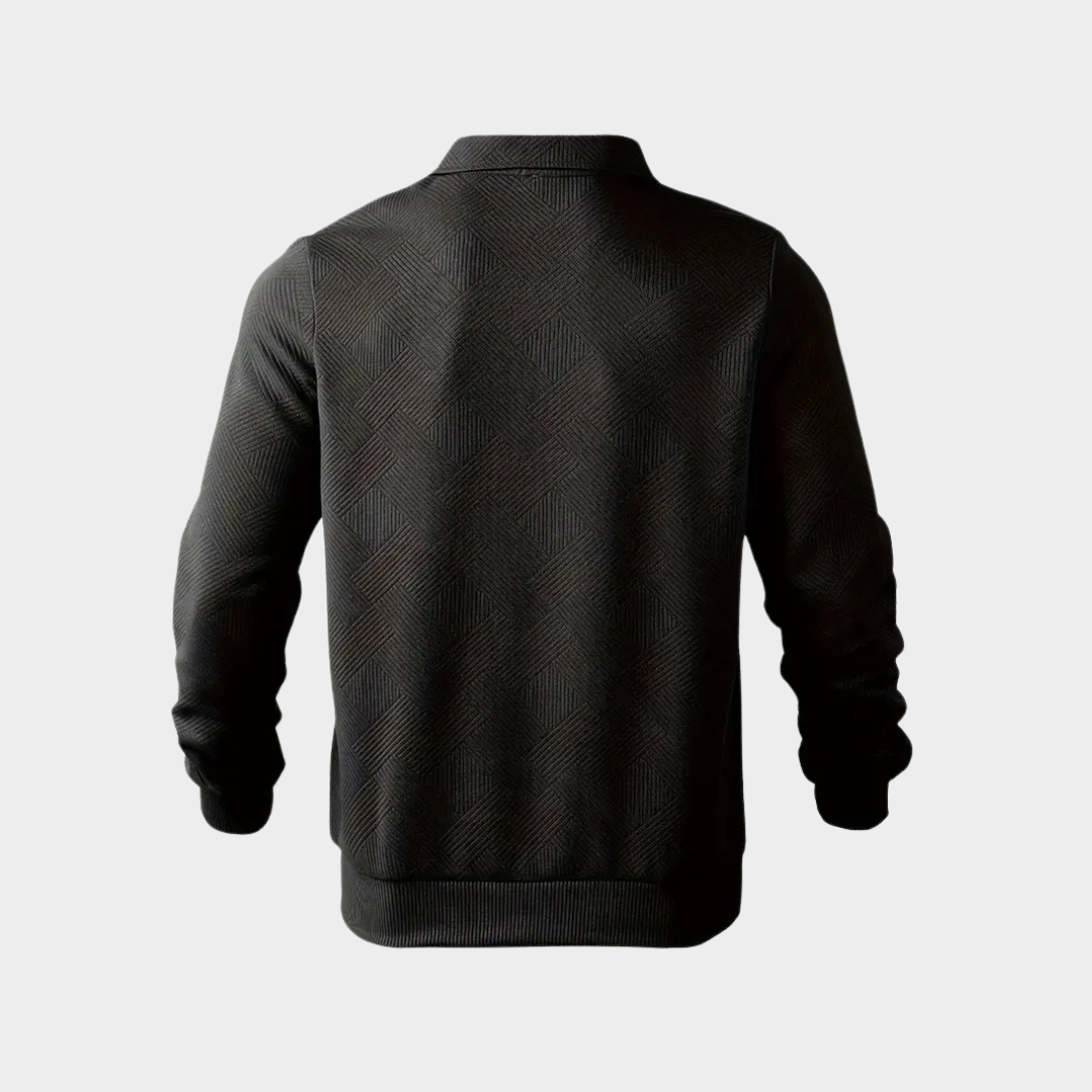 Quarter zip sweater with geometric print knit and stand collar, gallery view 6