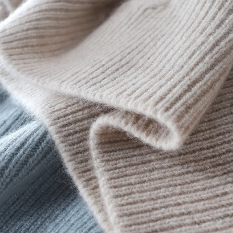 Turtleneck sweater in beige soft knit, additional product view.