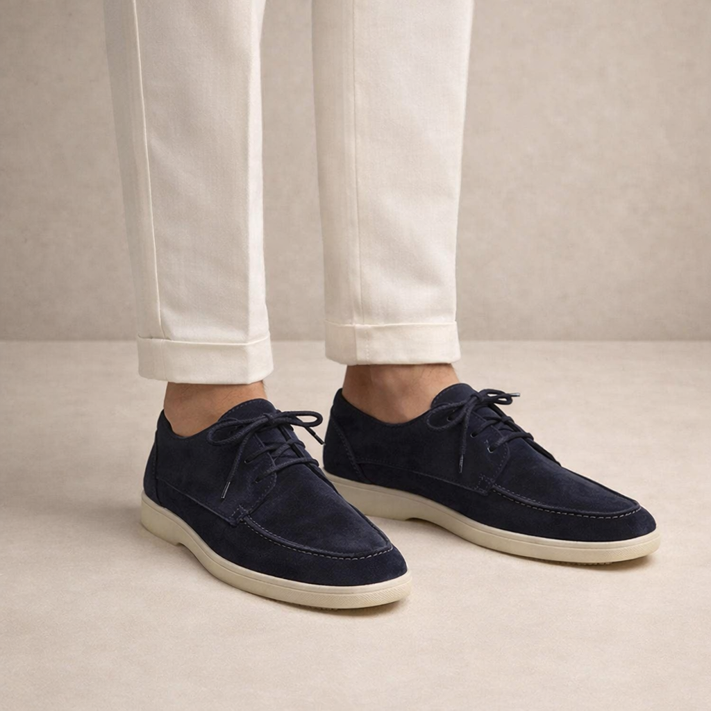Suede-look lace-up loafers detail view of the sole and closed toe, available in beige and black.