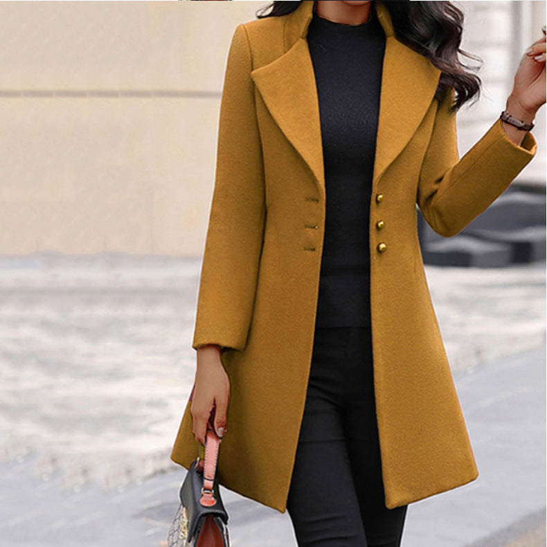 Yellow wool-blend coat with stand collar and slim tailored fit, elegant winter outerwear