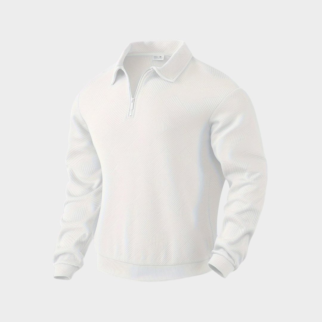 Quarter zip sweater with geometric print knit and stand collar, gallery view 9
