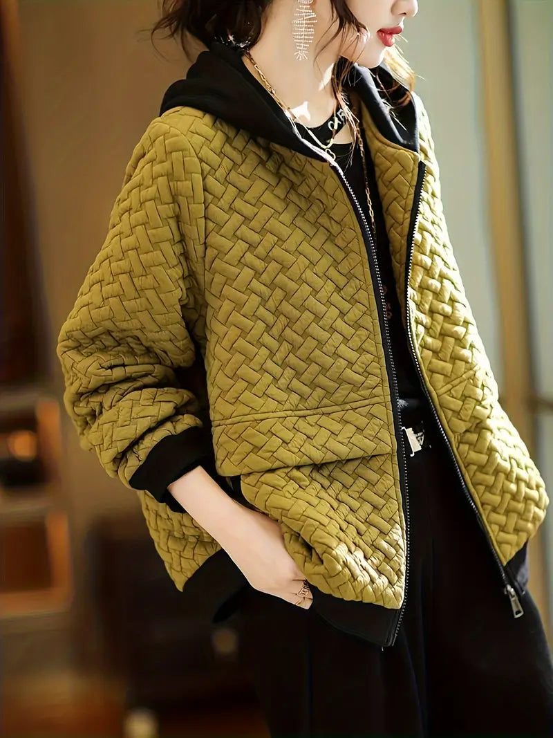 Quilted basketweave hoodie with contrast black hood and cuffs, front view