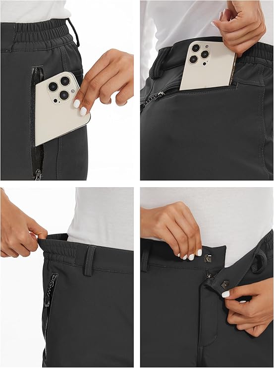 Fleece lined winter ski pants, water resistant ripstop softshell, pocket and waistband detail