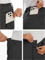 Fleece lined winter ski pants, water resistant ripstop softshell, pocket and waistband detail