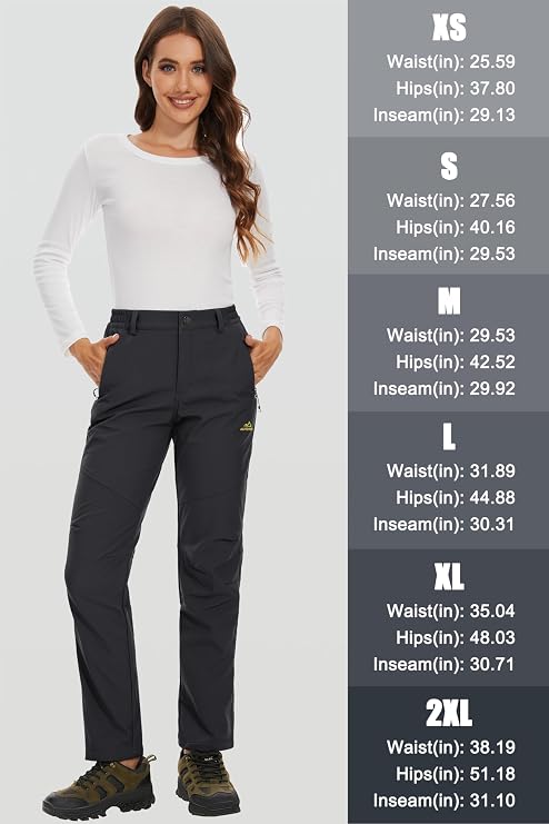 Fleece lined winter ski pants for women, water resistant ripstop softshell, full length product shot