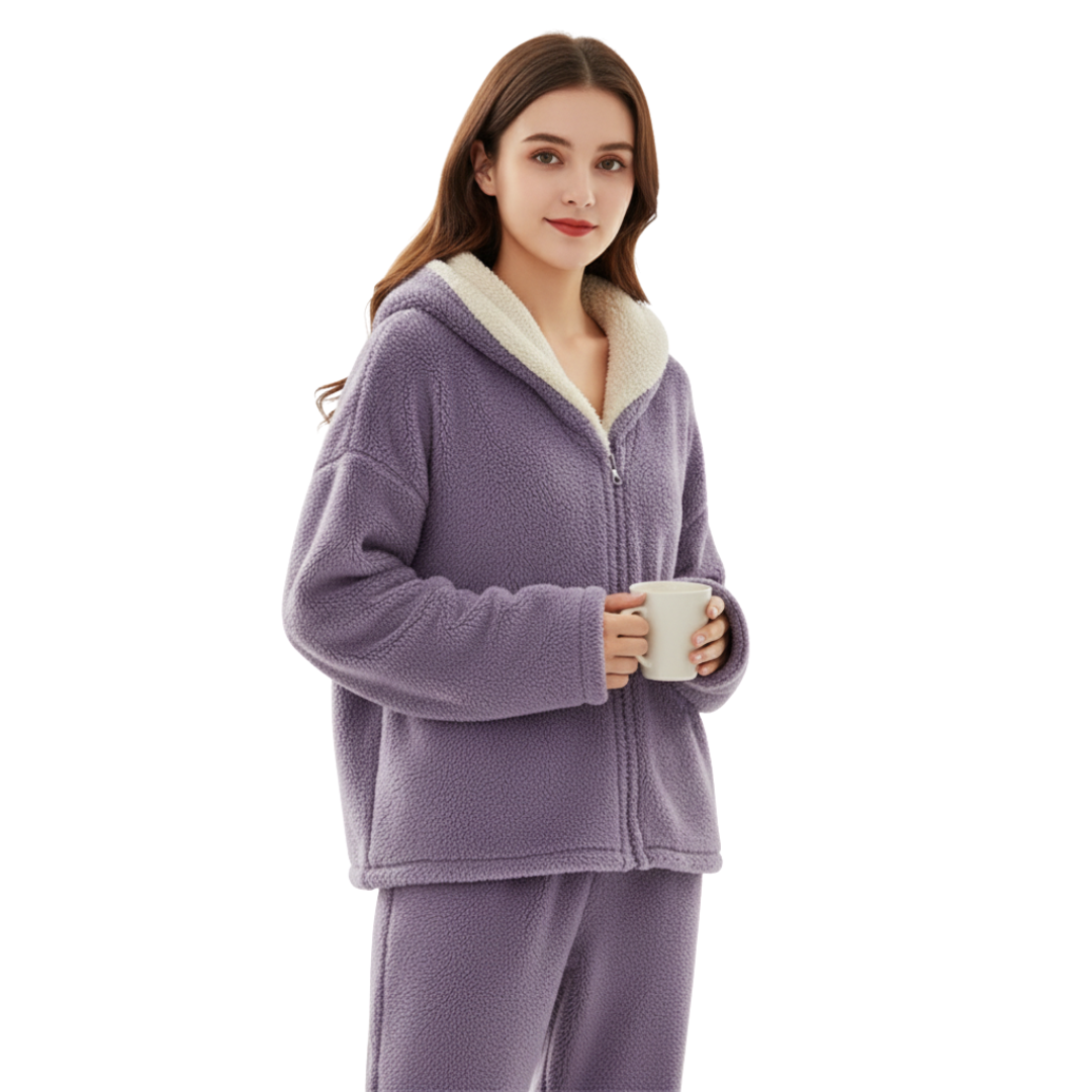 Cozy fleece pyjama two-piece set in purple.