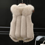 Faux-fur gilet with waist ties tied at the front, three-quarter view