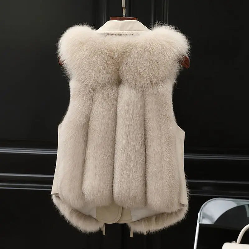 Faux-fur gilet with waist ties tied at the front, three-quarter view