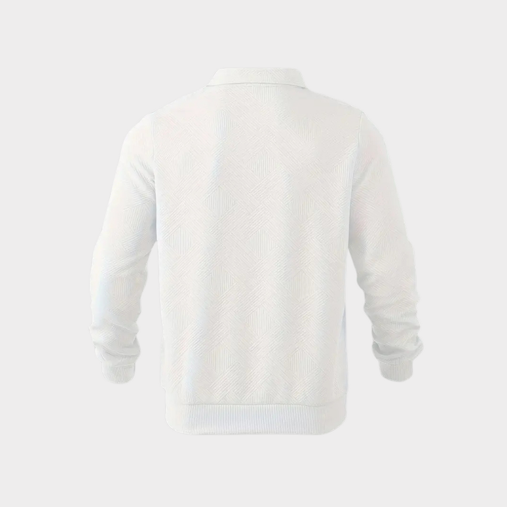 Quarter zip sweater with geometric print knit and stand collar, gallery view 10