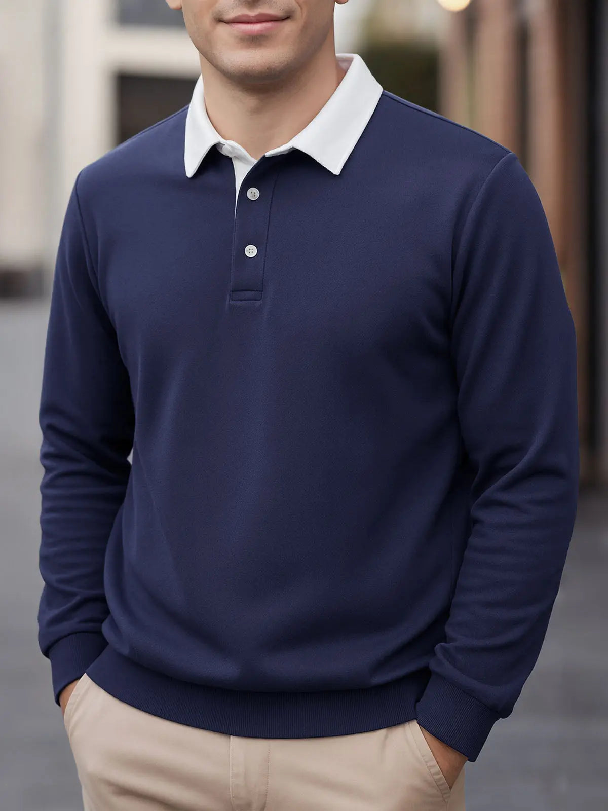 Polo collar sweatshirt with button placket and long sleeves, detail view