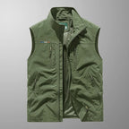 Bodywarmer vest with zip pockets worn on a city walk
